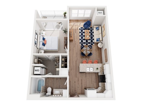 Floor plan for 1 bed, 1 bath, 730 sqft